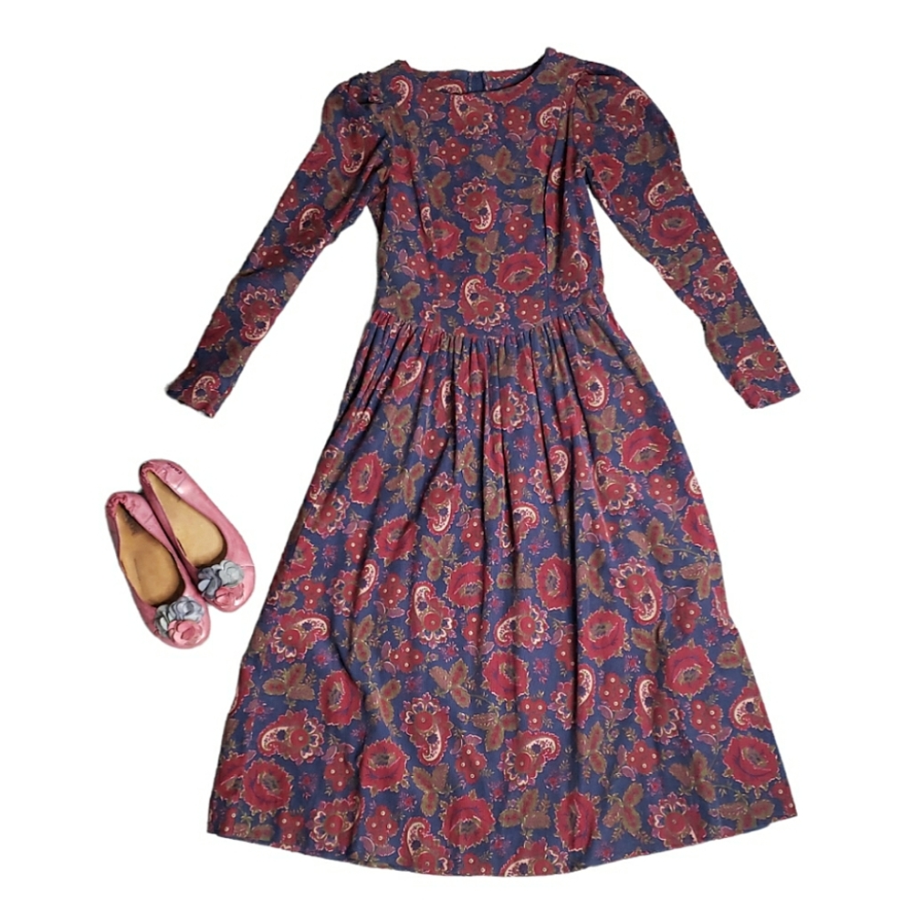 Vintage Laura Ashley Midi Dress Floral Paisley Corduroy Drop Waist Cottage s/m